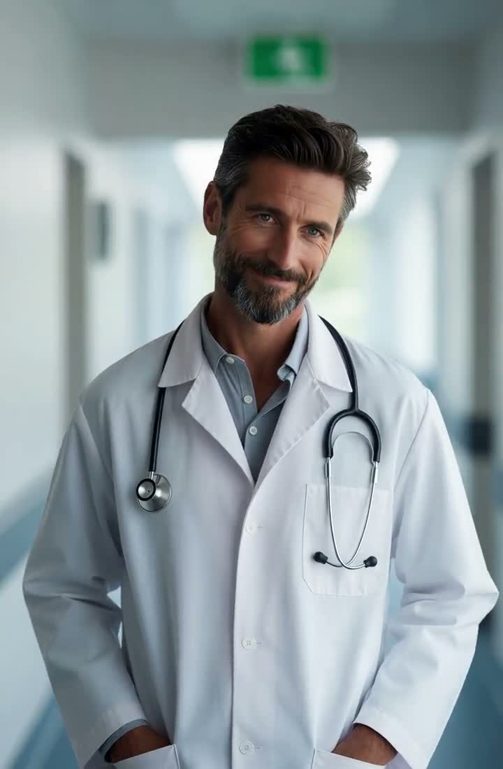 Dr. PPC, the AI ads manager: bearded, graying, in a white coat with a stethoscope